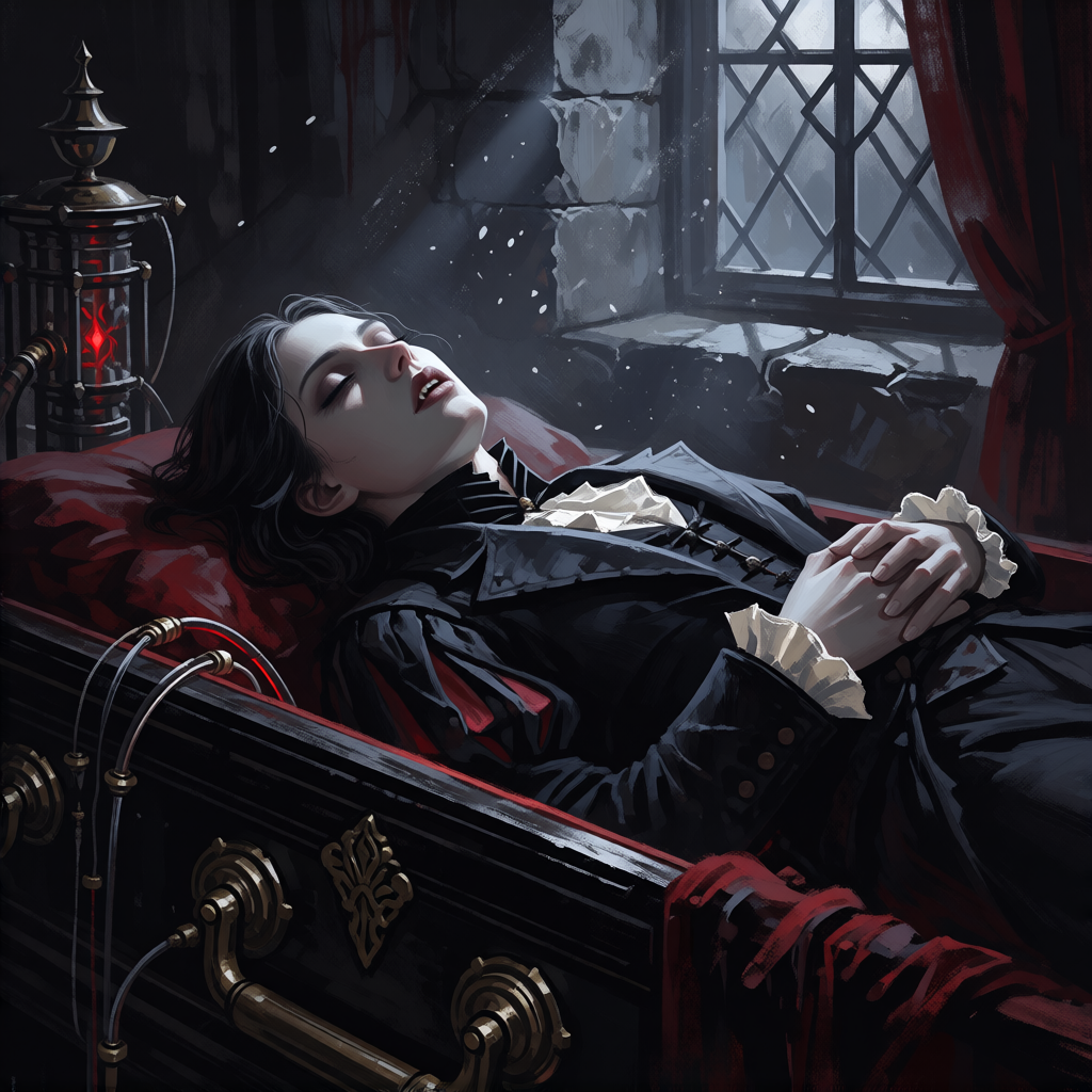 A pale figure lying in an open ornate casket in a shaft of moonlight, a machine with a red glow beside it